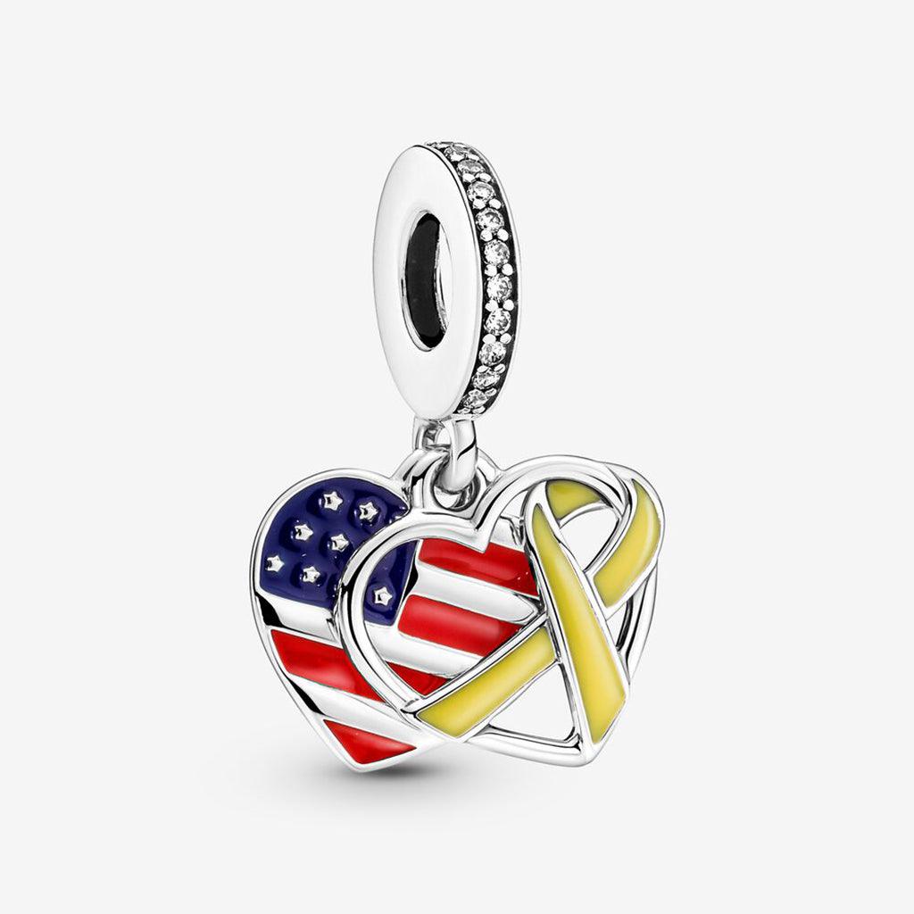 PANDORA  Heart, Flag & Remembrance Ribbon Double Dangle Charm