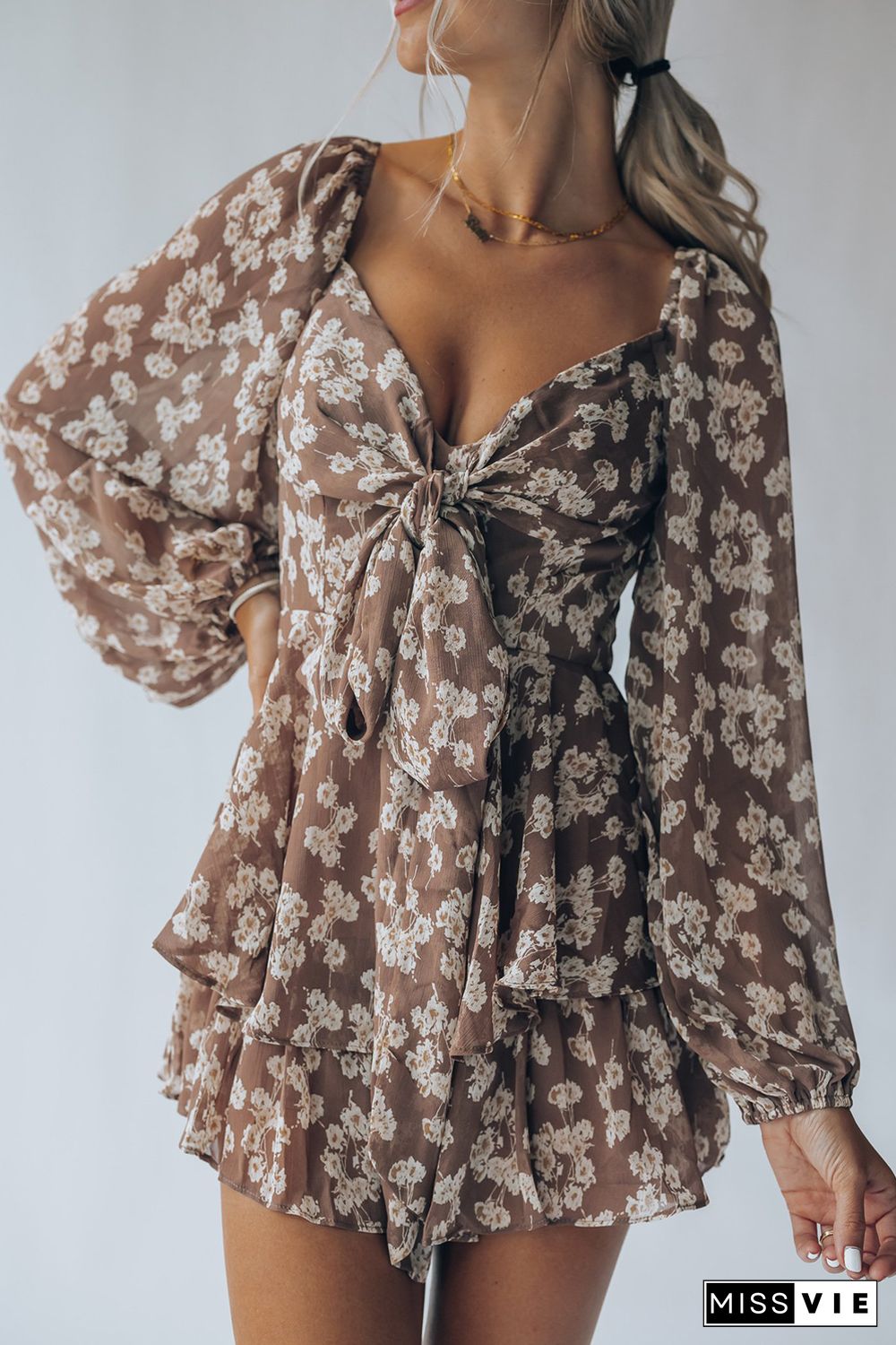 Brown Bubble Sleeve Floral Romper