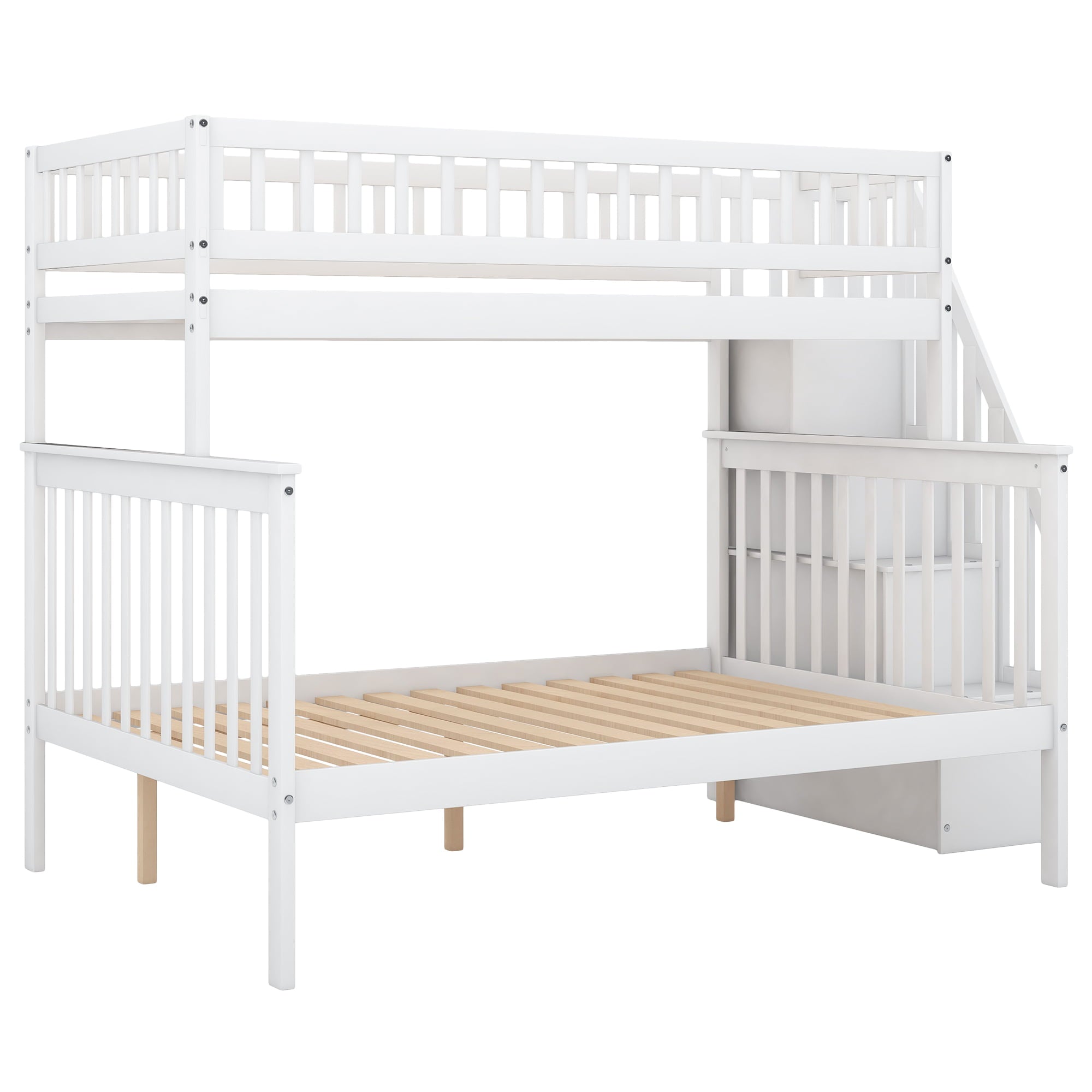 Euroco Twin Over Full Bunk Bed with Stairs and Storage for Kids, White