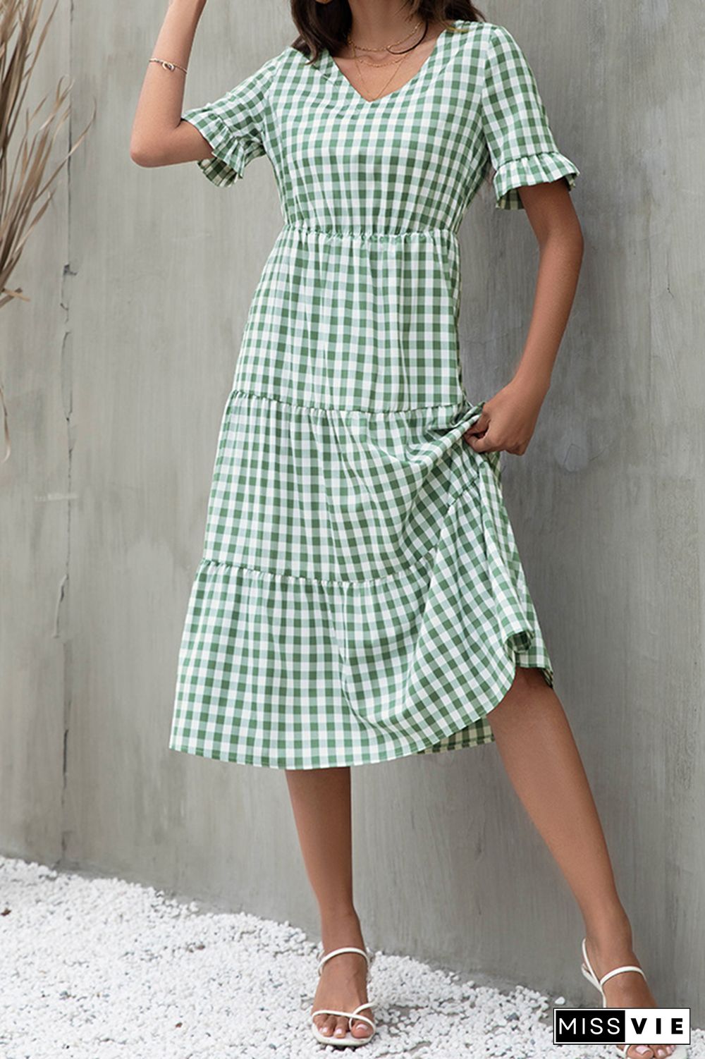 Plaid Print Short Sleeve Midi Dress Wholesale