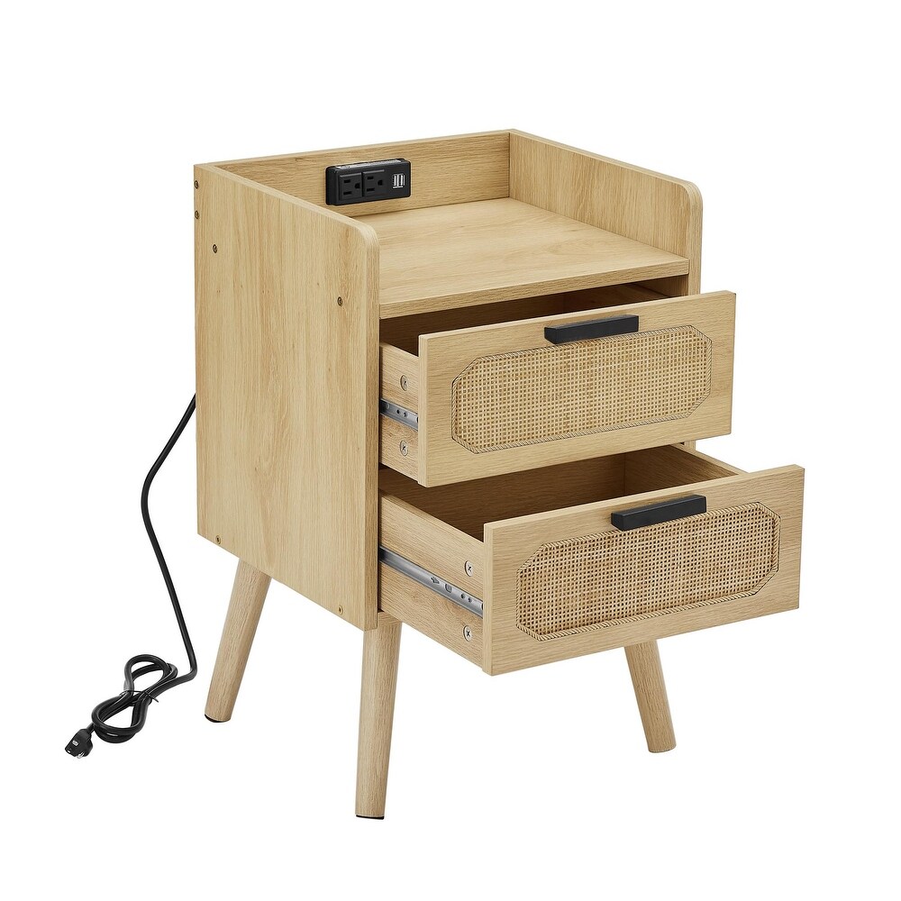 Natural Handmade Rattan Nightstand with Socket 2PC