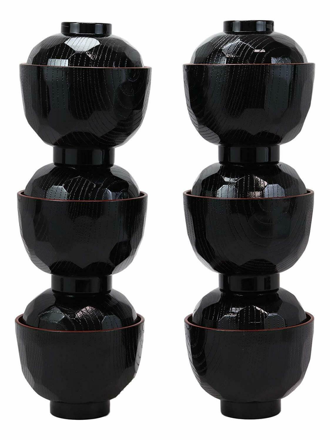 1 Honeycomb Ridged Black Red Lacquer Plastic Bowl With Lid Set of 6 EBR02