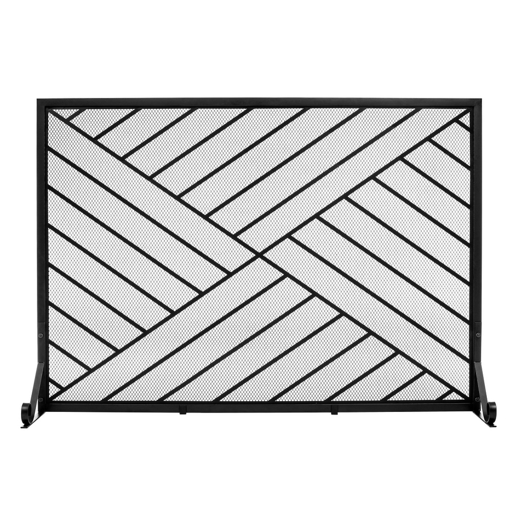 Contemporary Single Panel Black Straight Line Pattern Iron Fireplace Screen    41.73'' x 12.20'' x 29.33''