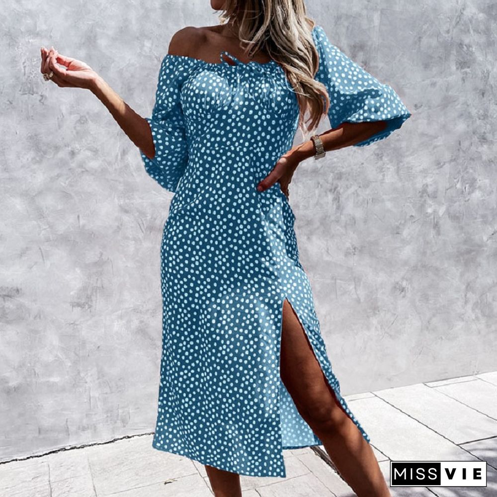 Chic Elegant Summer Women Dress Women Cloth Half Short Puff Sleeve Loose Slim Print Midi Sundress New Fashion Small Floral Dress