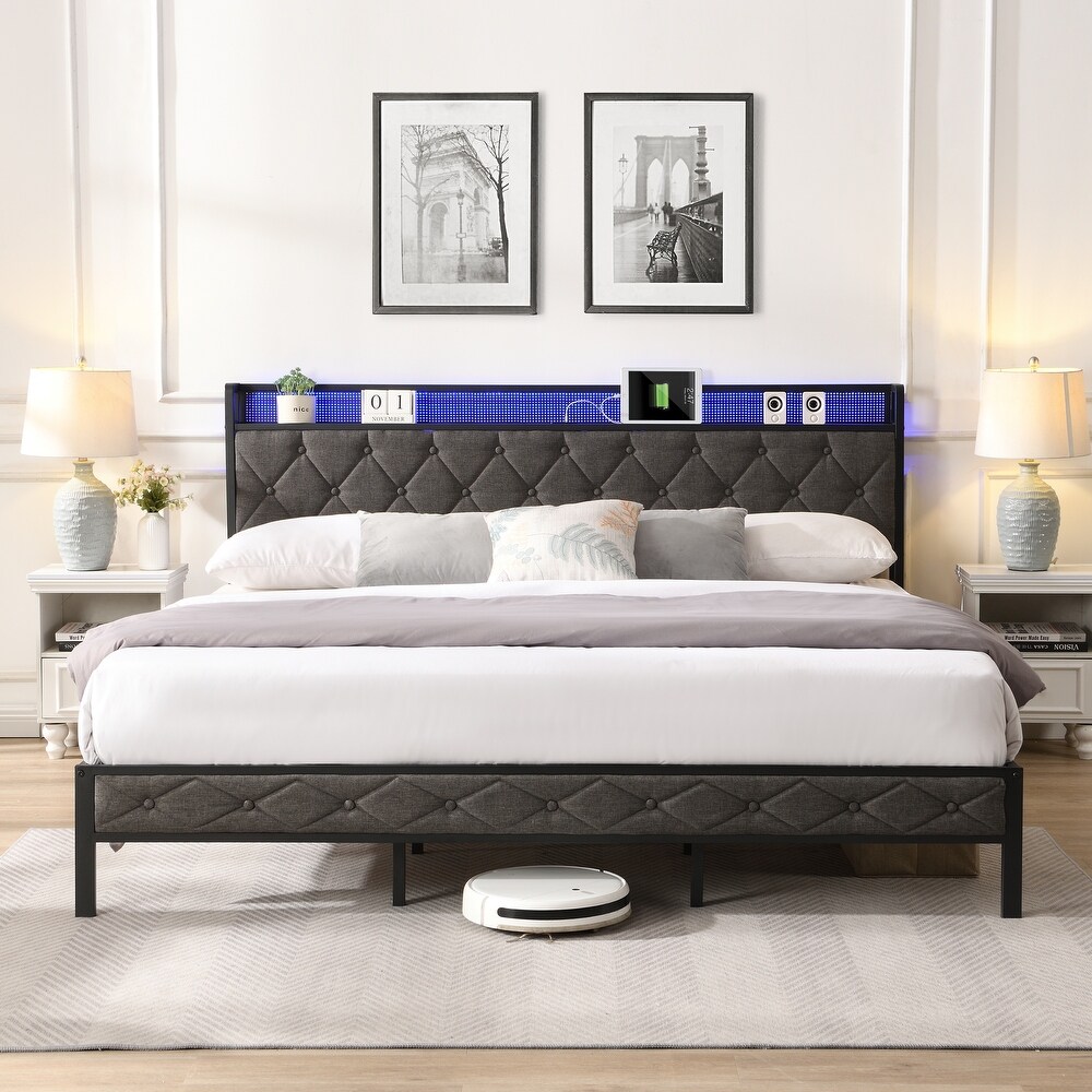 King Upholstered Bed with Storage Headboard Charging Station LED Lights