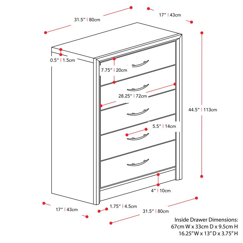 CorLiving Newport 5 Drawer Tall Dresser in White Washed Oak