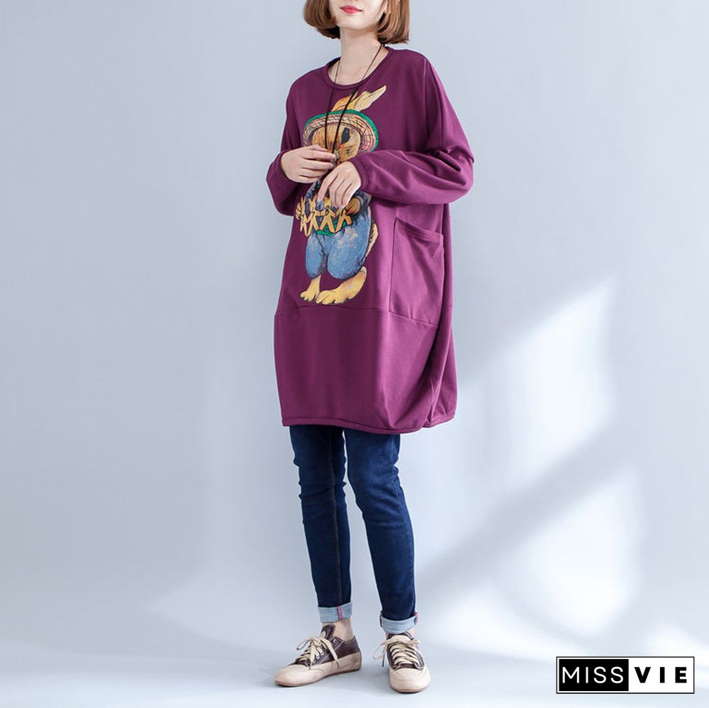 thick warm burgundy print cotton maternity dress oversize o neck women casual dress