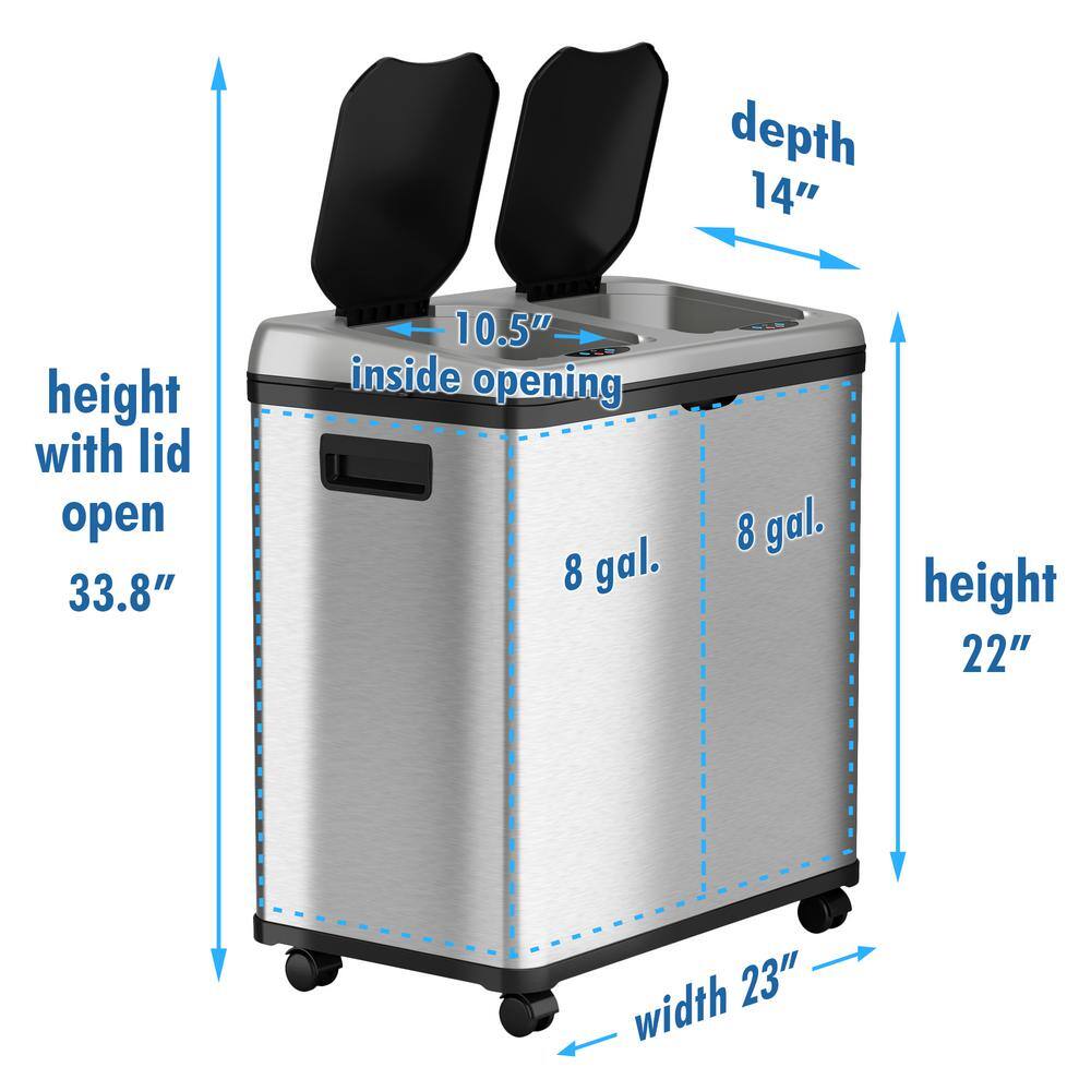 iTouchless 16 Gal. Dual-Compartment Stainless Steel Touchless Trash Can and Recycling Bin (8 Gal each) IT16RES