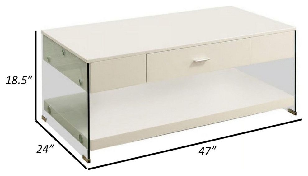 Stub 47 Inch Coffee Table Glossy White Wood Glass Side Panels 1 Drawer   Coffee Tables   by Dot  ampBo  Houzz