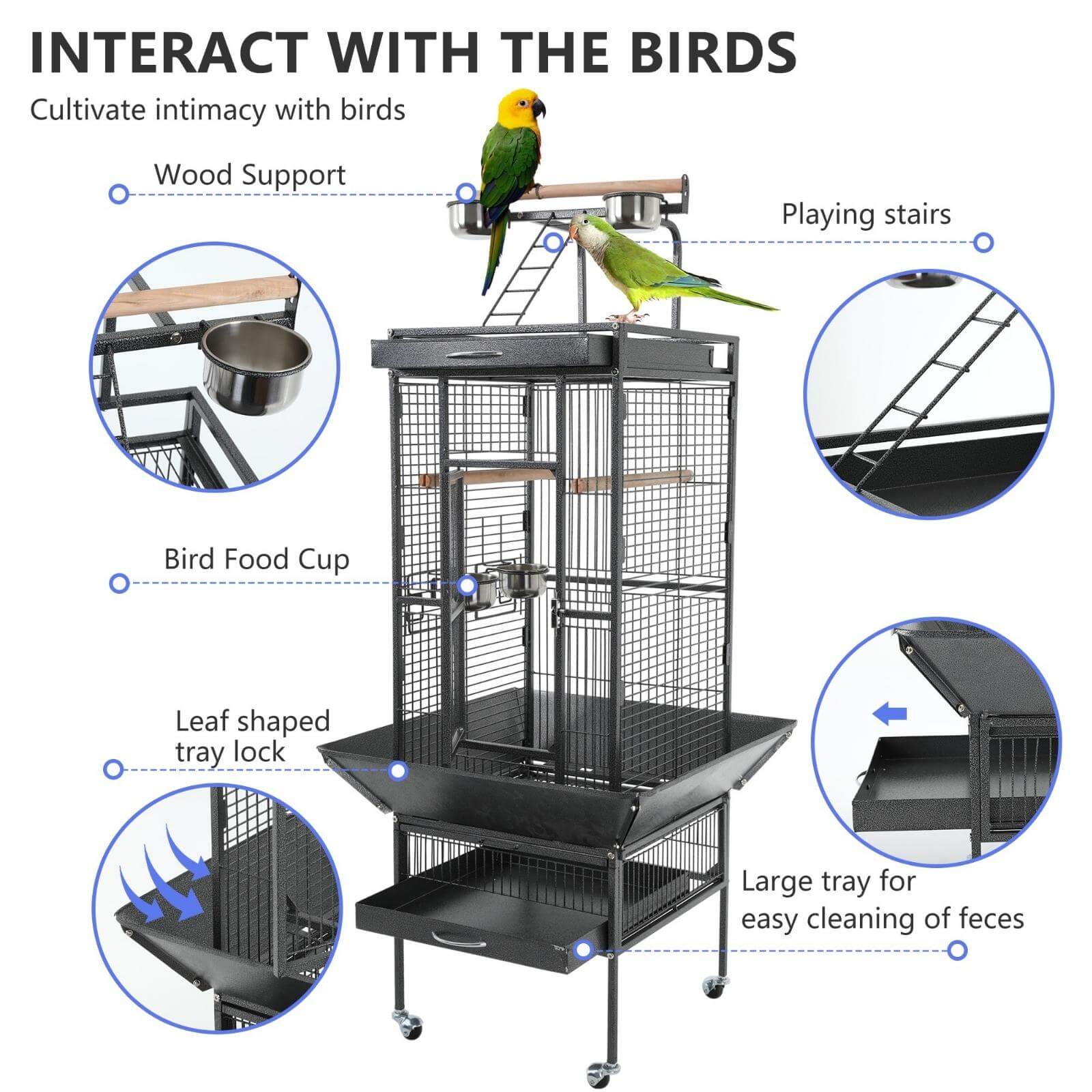 NiamVelo 61’’Large Iron Birdcage Wrought Parrot Cage with Play Top and Rolling Stand for Parakeets and Lovebirds，Black