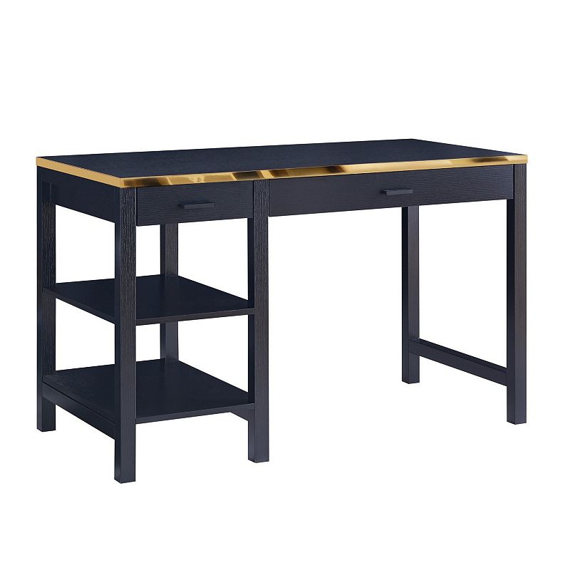 2 Drawer Rectangular Desk with 2 Open Shelves， Black and Gold