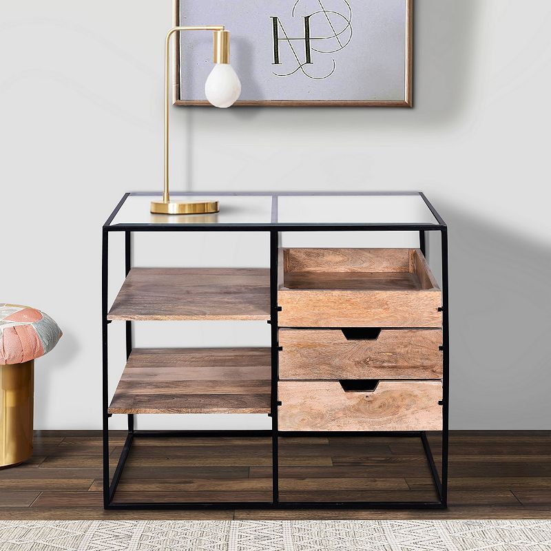 35 Inch Handcrafted Modern Glass Table， Storage Shelves， 3 Drawers， Metal Frame， Natural Brown and Black