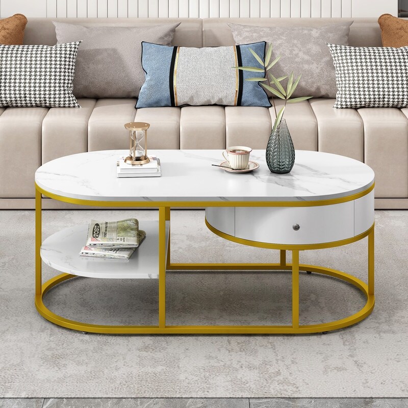 Modern Marble Coffee Table  Center Table Cocktail Table with Drawers   Shelves Storage for Living Room and Bedroom