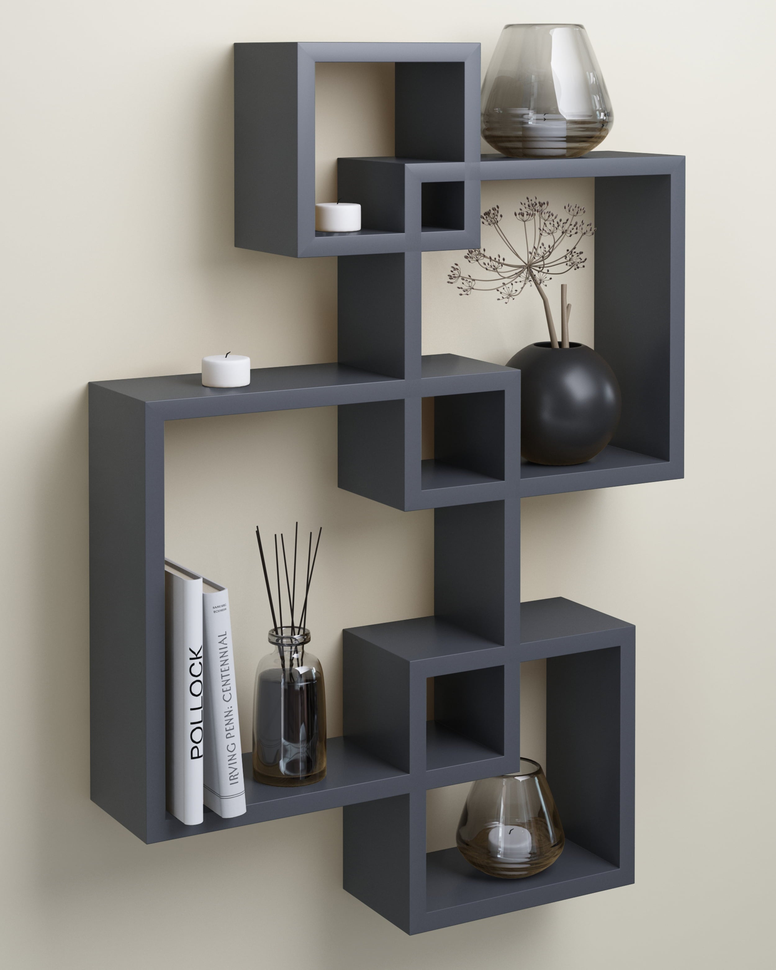 GreenCo Decorative 4 Cube Wall Shelves | Grey Shelves | Intersecting Wall Mounted Floating Shelves | Gray Finish