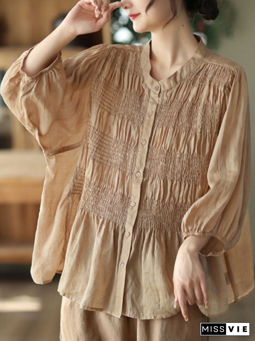 Loose Three-Quarter Sleeves Pleated Solid Color Split-Joint Stand Collar Blouses&Shirts Tops