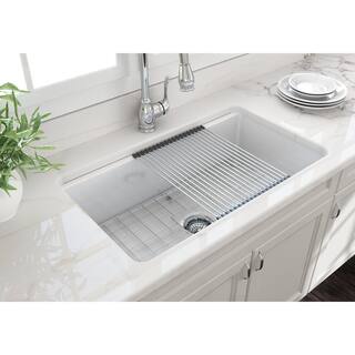 BOCCHI Sotto White Fireclay 32 in. Single Bowl Undermount Kitchen Sink wAccessories 1362-001-KIT1