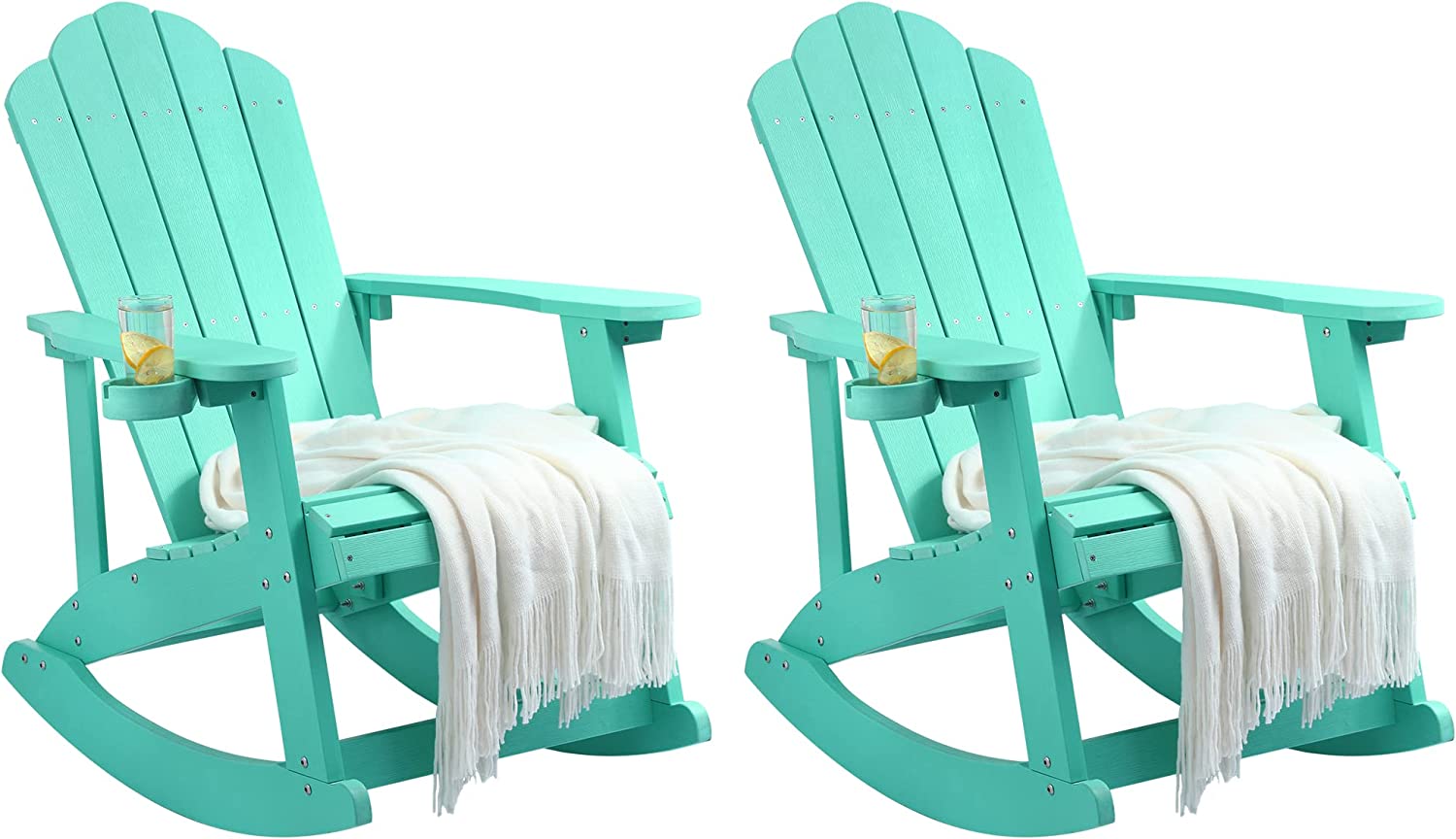 DWVO Outdoor Rocking Adirondack Chair Set of 2, Heavy Duty Plastic Rocking Chairs with Rotatable Cup Holder, Oversized Rocker Chair for Garden Lawn Yard Patio Deck Pool Porch Beach Fire Pit