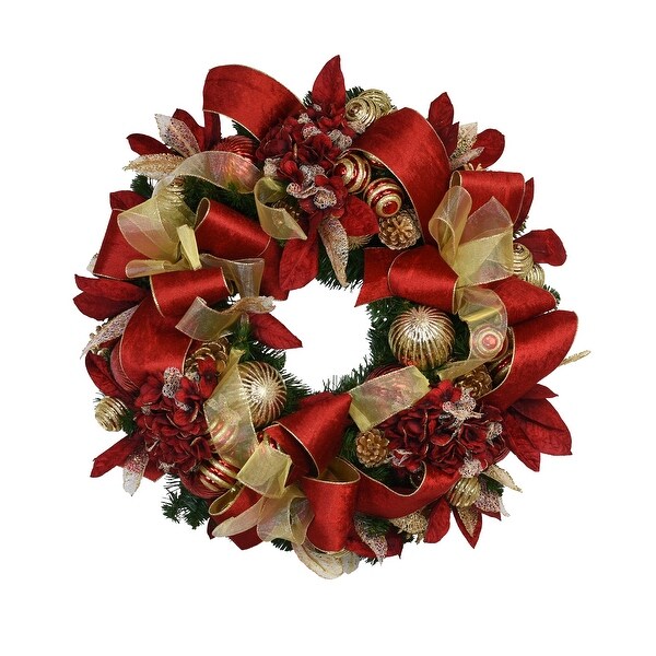 32 Holiday Wreath with Hydrangeas，Oranments and Velvet Bows