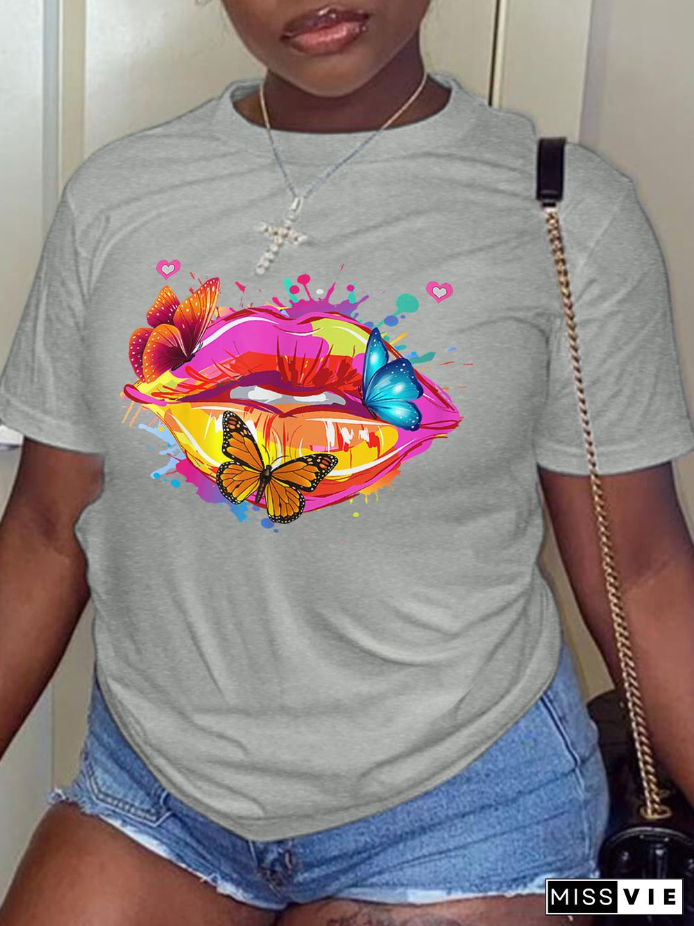 Red Street Lips Printed Patchwork O Neck T-Shirts