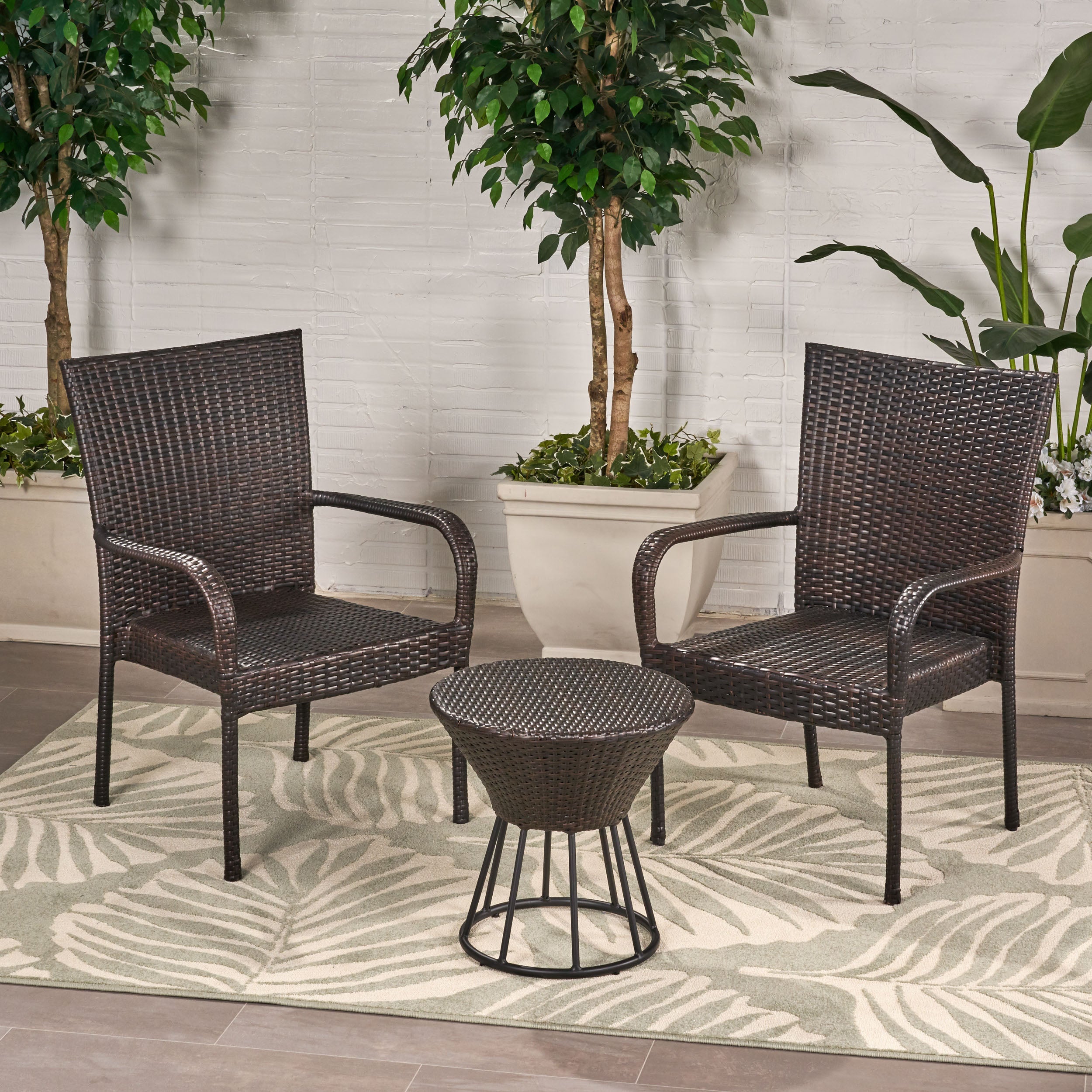 Parham Outdoor 3 Piece Multi-brown Wicker Stacking Chair Chat Set