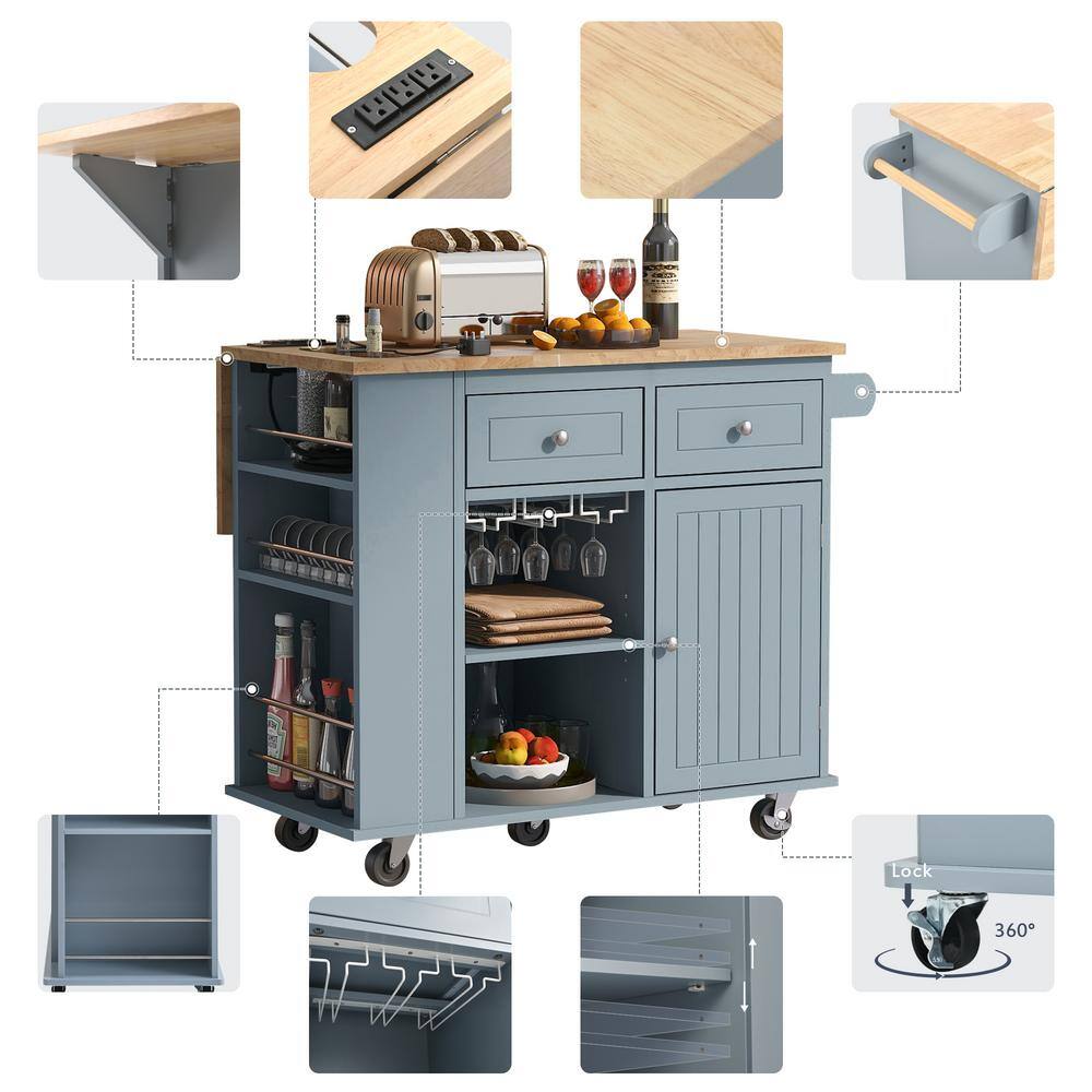 Runesay Gray Blue Rubberwood Folding Cable Countertop 39.8 in. W Kitchen Island Cart with Wine Rack and Side Shelf Compartment KIGYBE5567203