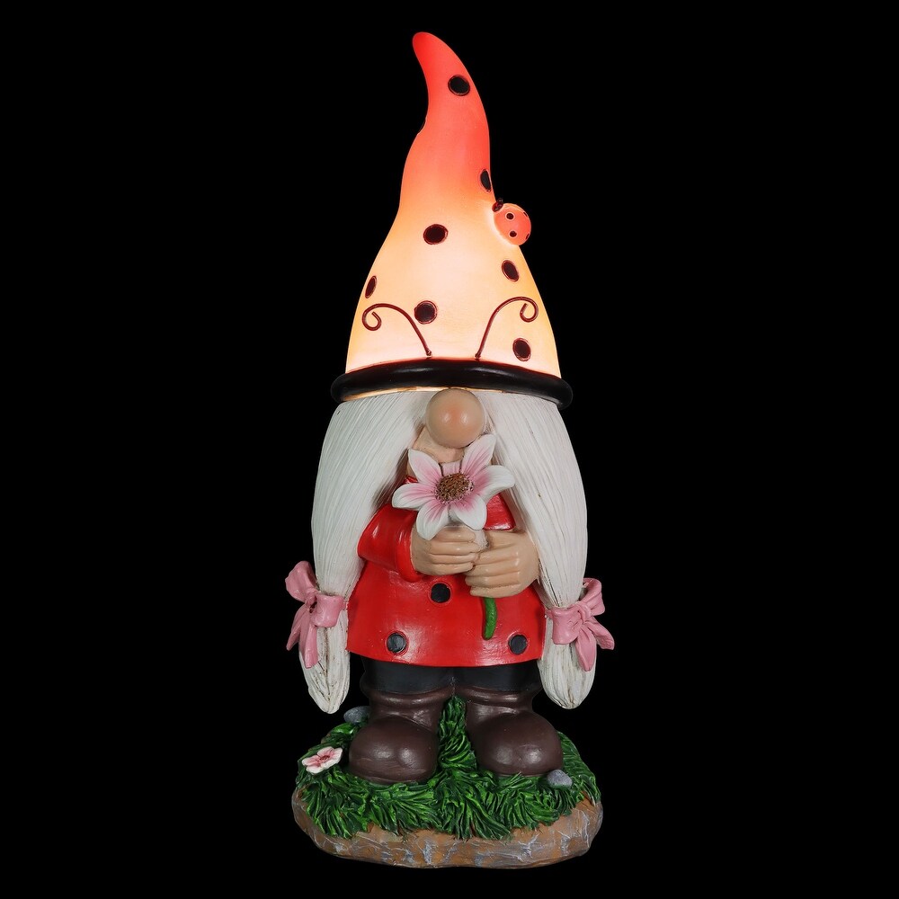 Exhart Solar Ladybug Hat Lady Gnome Statue with Pink Flower  5 by 12.5 Inches