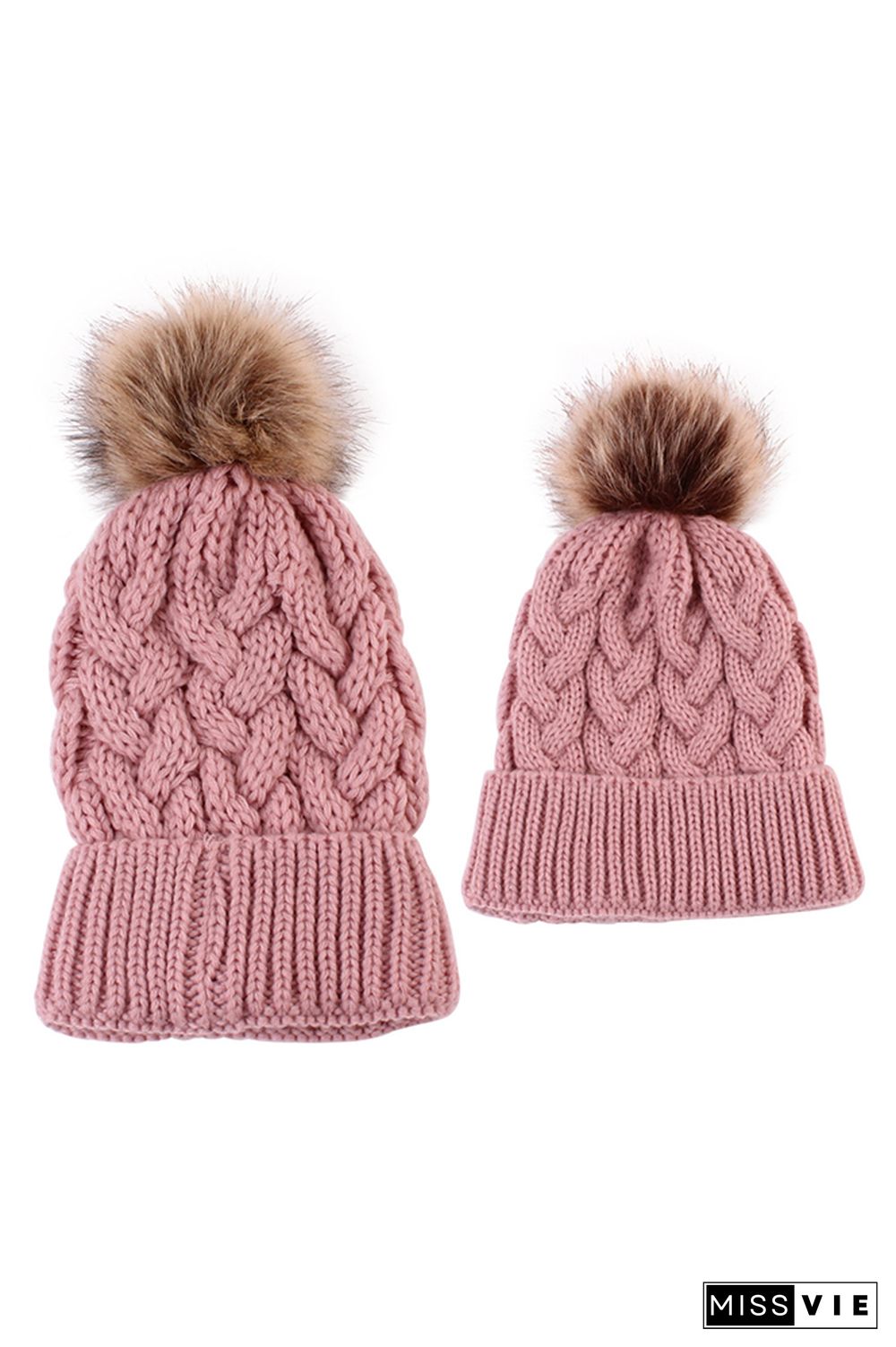 Solid Parent-child Coarse Twist Knitted Hat 2pcs Set Wholesale MOQ3pcs