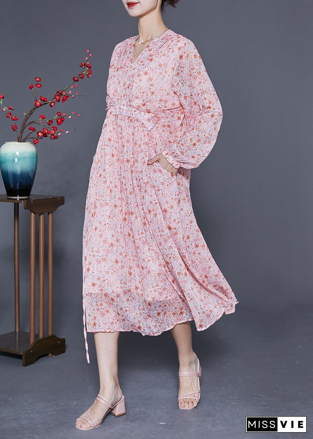 Bohemian Pink V Neck Cinched Print Chiffon Beach Dress Summer