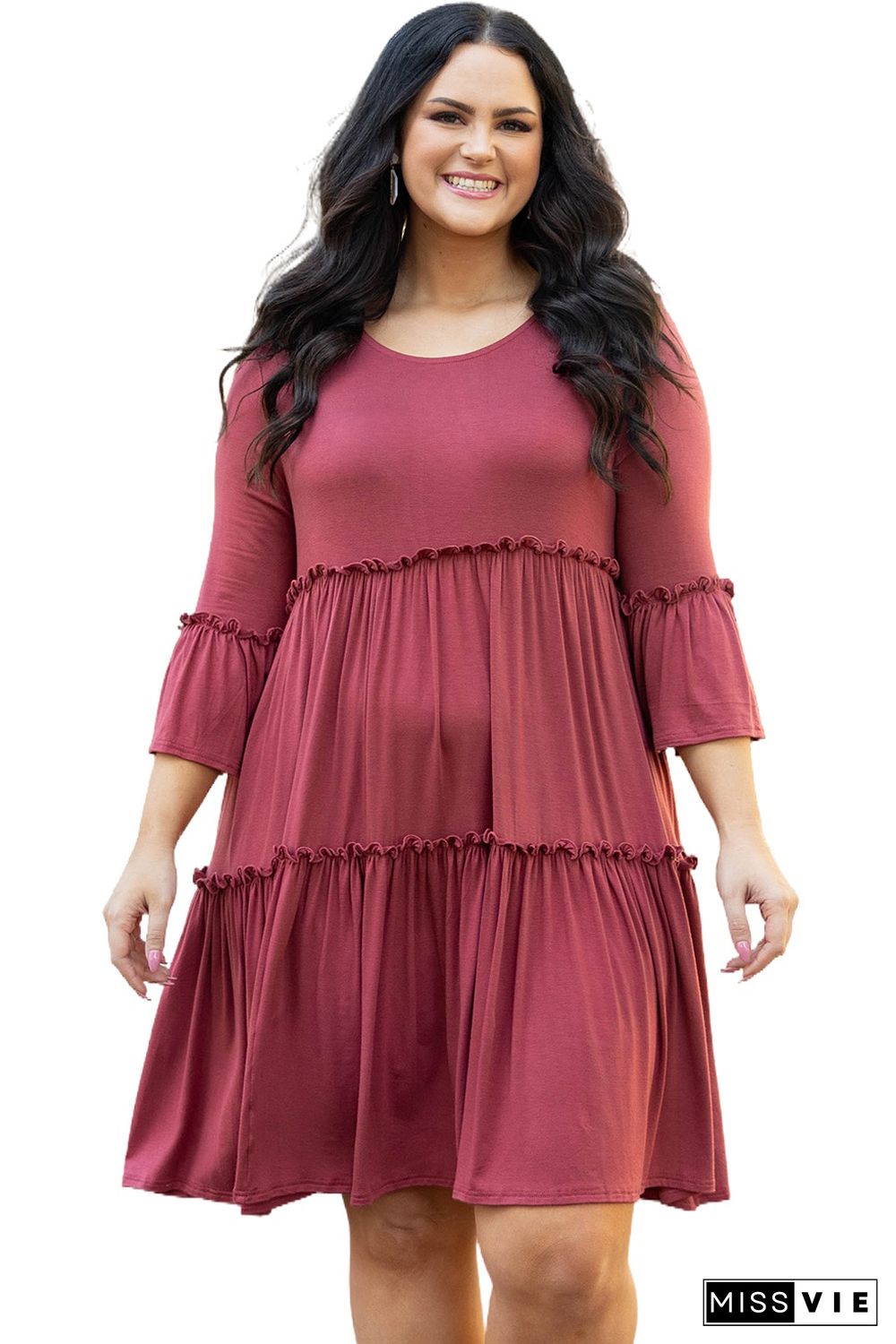 Red Tiered Ruffled 3/4 Sleeve Plus Size Dress