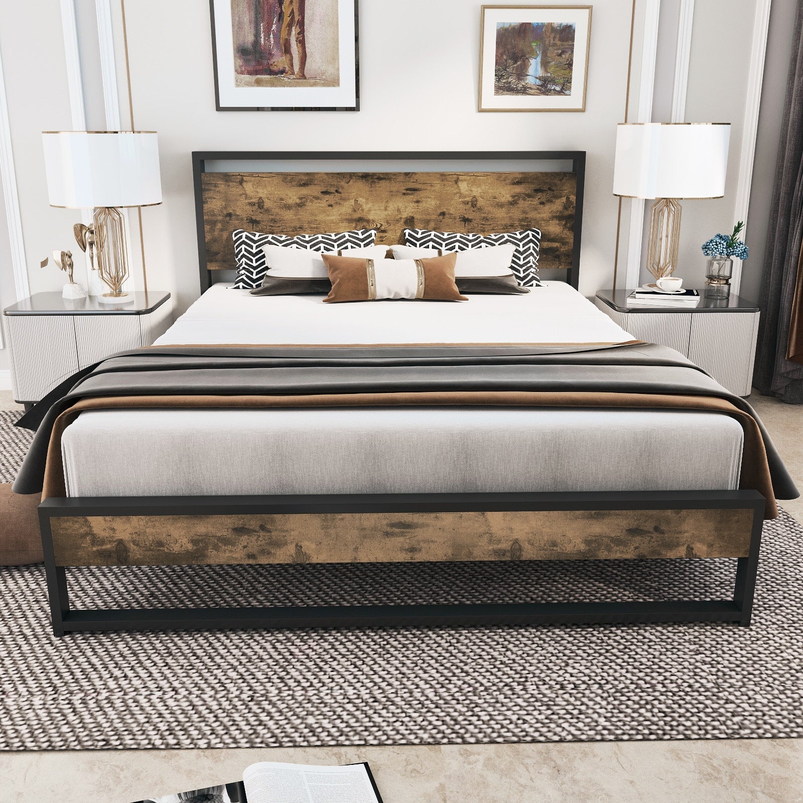 Amolife Queen Platform Bed Frame with Wooden Headboard and 13 Strong Steel Slats Support, Dark Brown