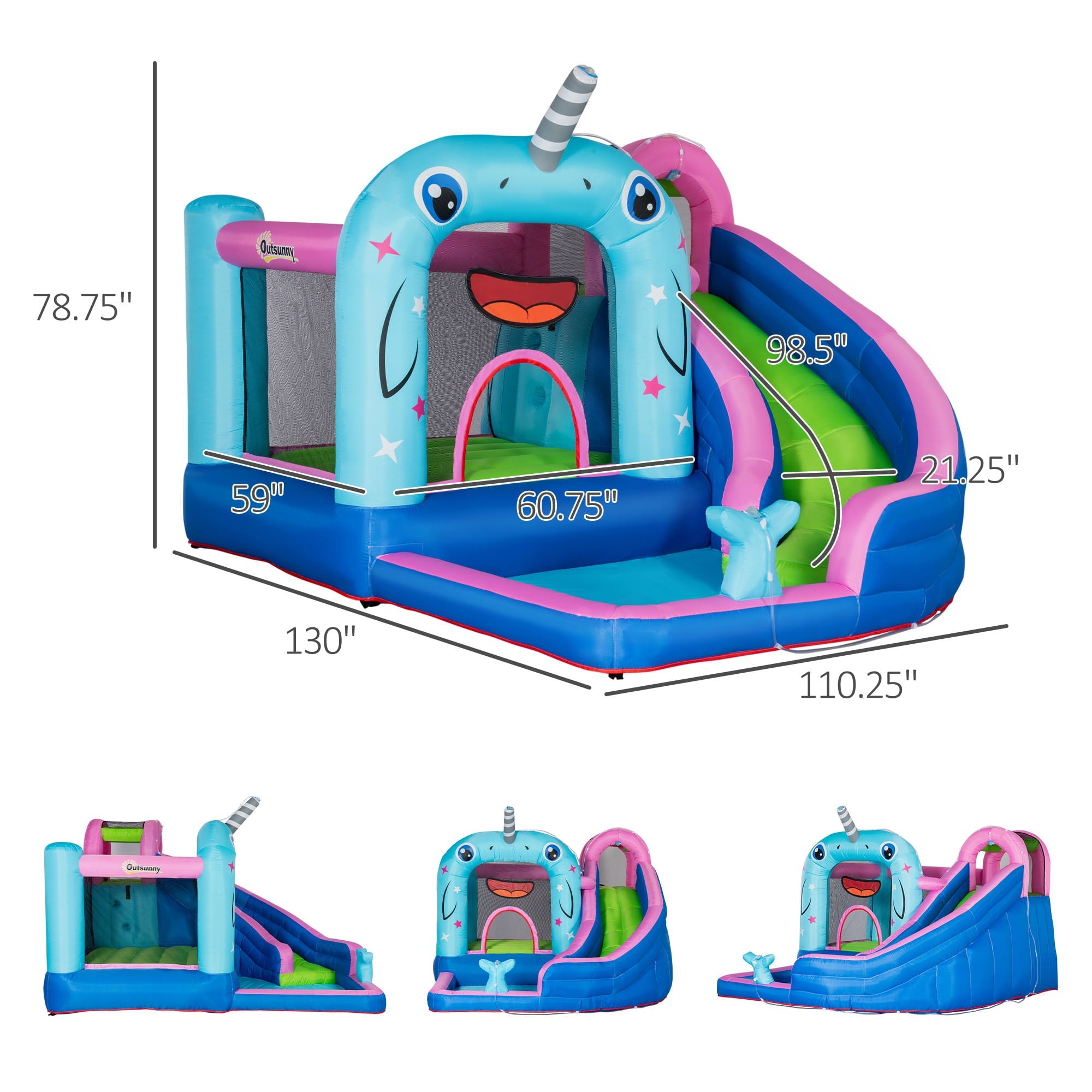 Outsunny 5-in-1 Water Slide Kids Inflatable Bounce House Narwhals Theme Water Park Includes Slide Trampoline Pool Cannon Climbing Wall with Carry Bag, Repair Patches without Air Blower