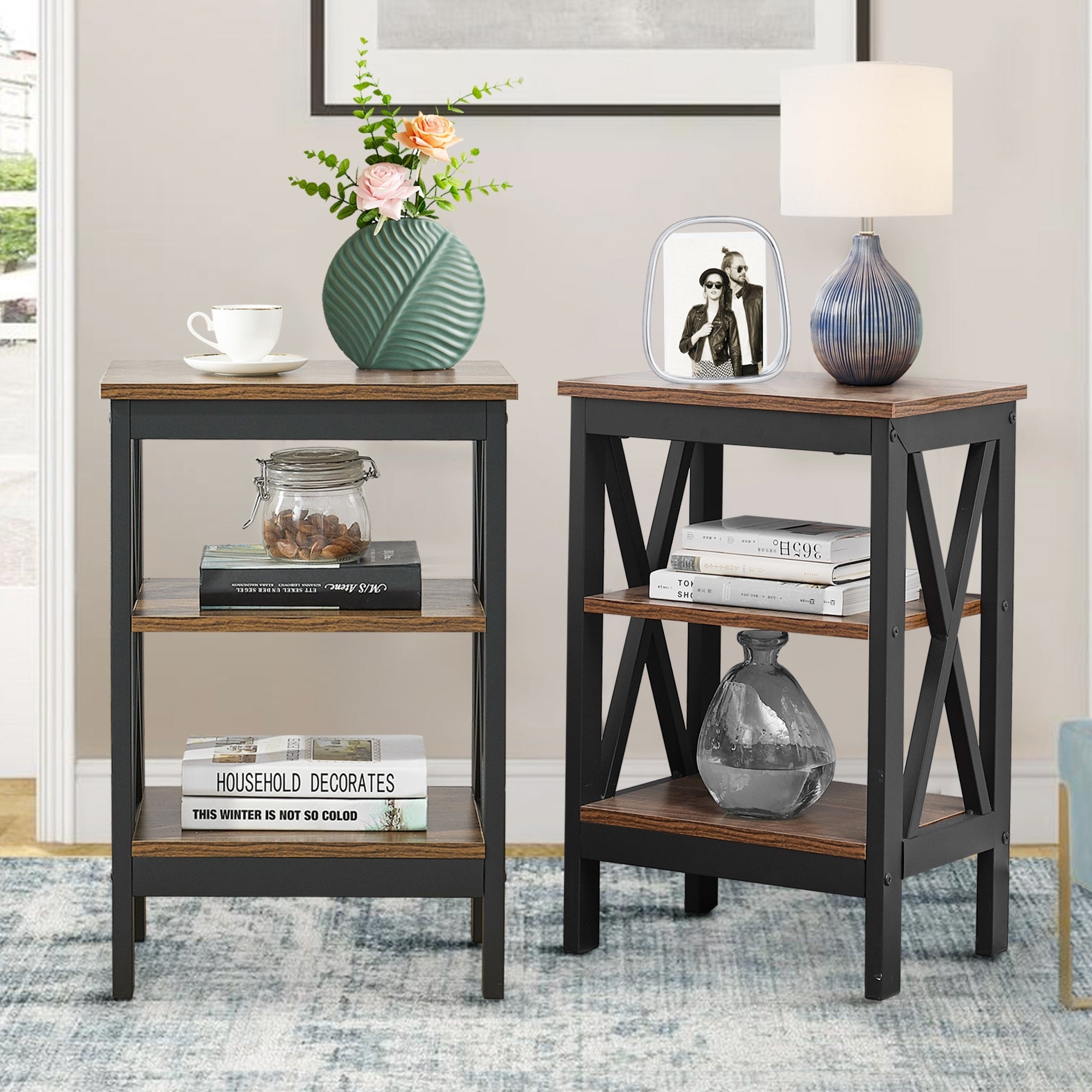 Modern End Table with 3-Tier Open Storage Shelves