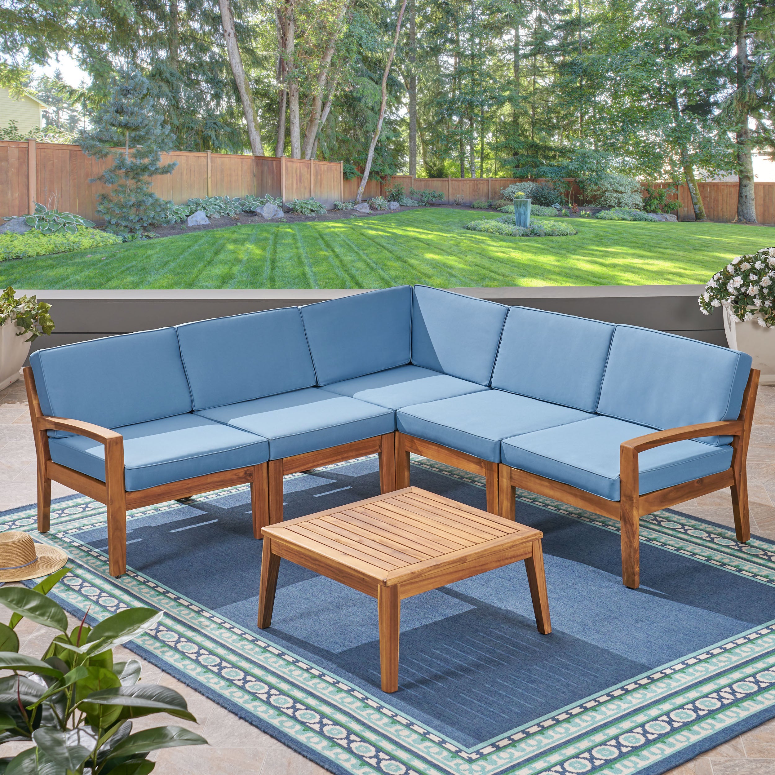 Roy Outdoor Acacia Wood 5 Seater Sectional Sofa Set with Coffee Table