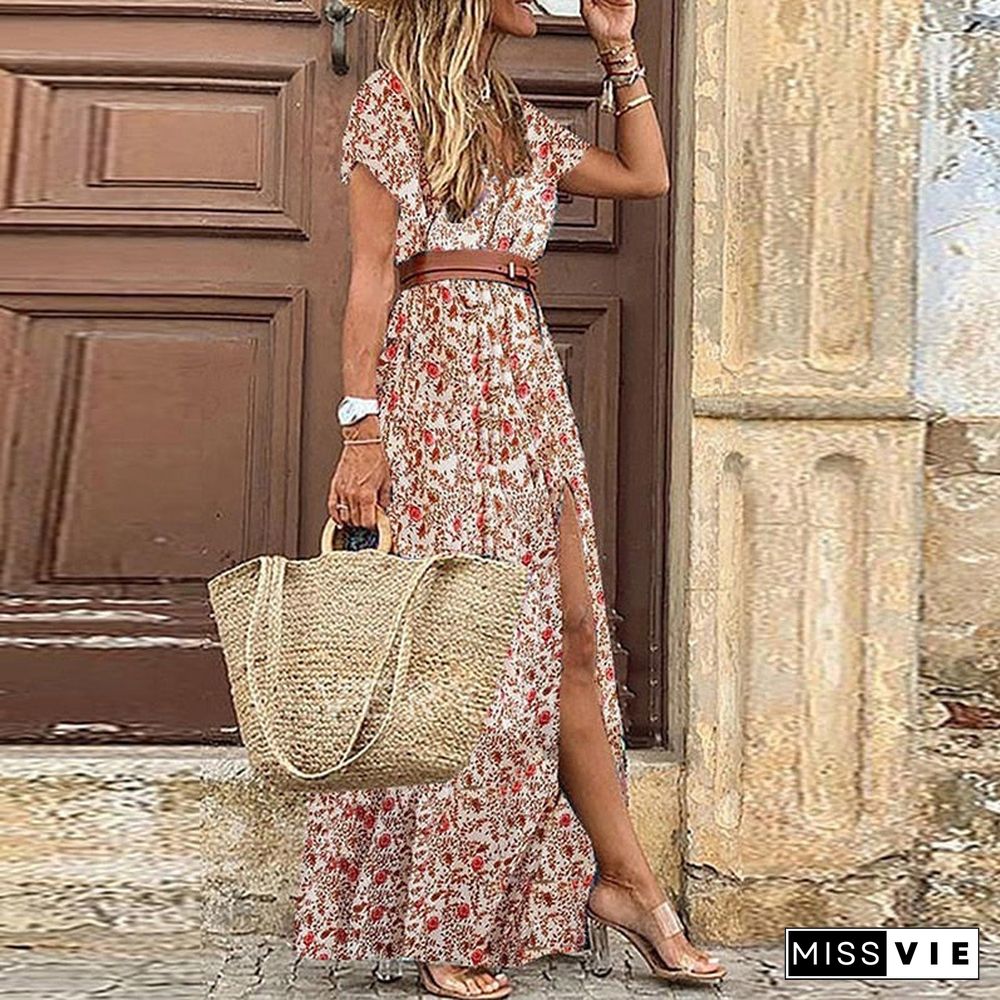 Long Dress For Women Fashion V Neck Short Sleeve Paisley Print Dresses Summer Belt Large Hem Beach Dress Elegant Maxi Dress