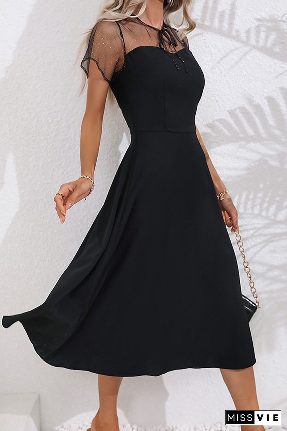 Black Sheer Mesh Front Tie Collar Midi Dress