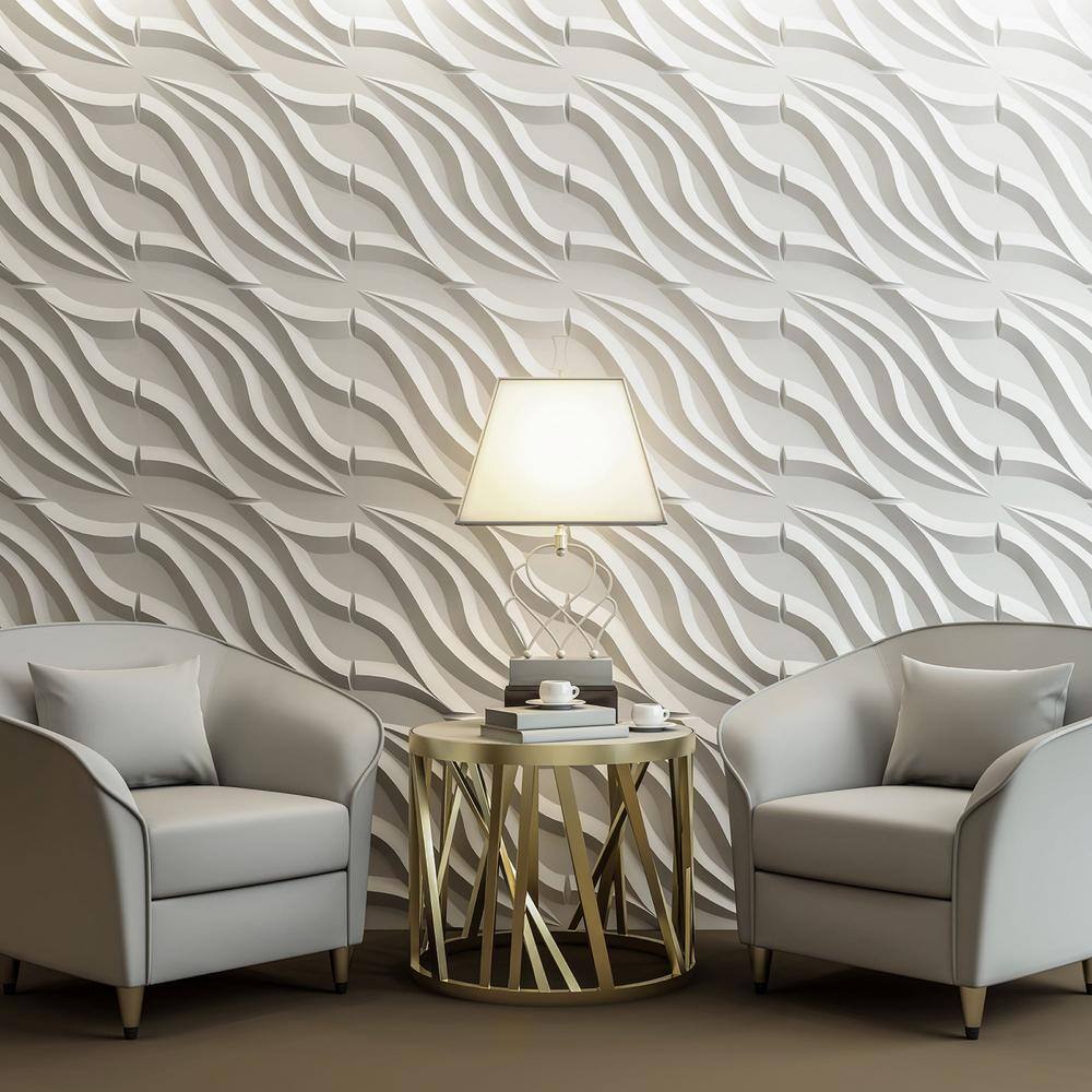 Art3dwallpanels 19.7 in. x 19.7 in. White Flowing Wave 3D Wall Tile Paintable 3D PVC Wall Panel (Pack of 12) (Covers 32 sq. ft.) A10hd083WT