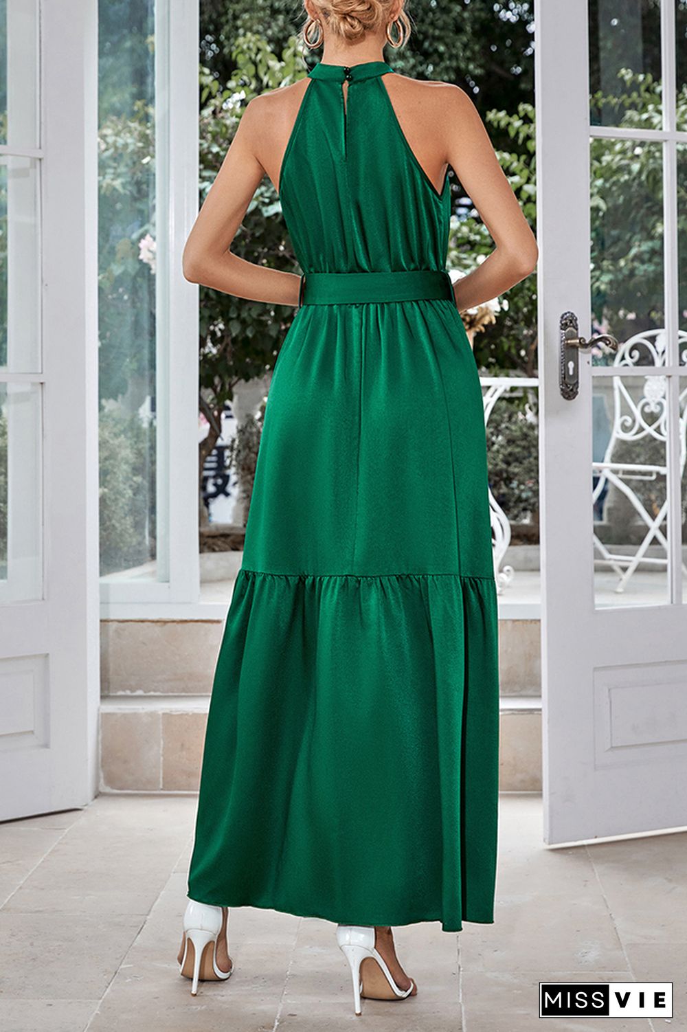 Silky Plain Halter Tiered Maxi Dress