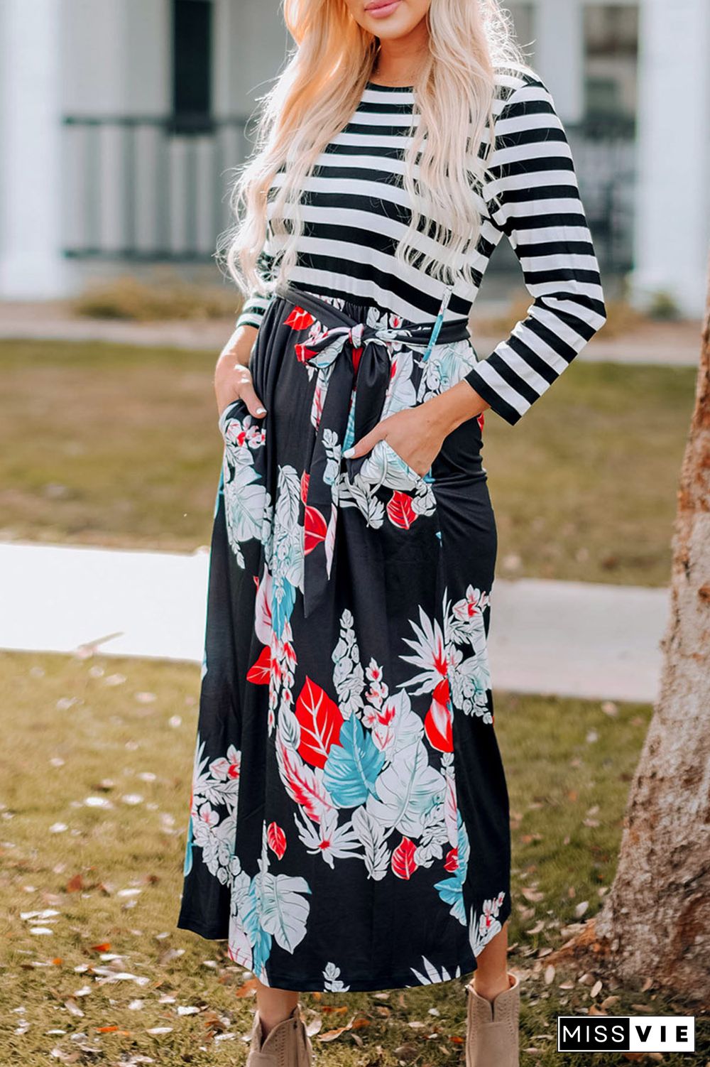 Striped Floral O-Neck Long Dress