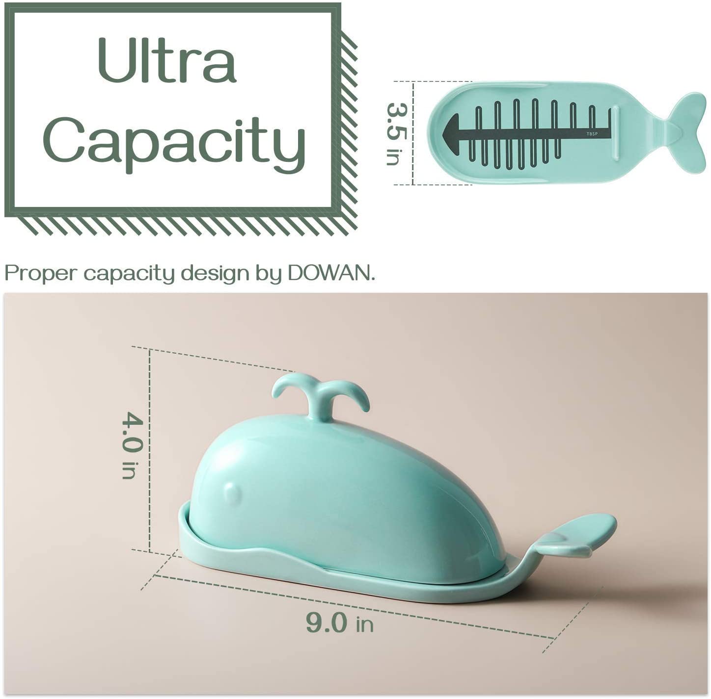 DOWAN Porcelain Butter Dish With Cutting Measuring Line， Large Whale Butter Dish with Cover of Non-slip Design， Ceramic Butter Dishes with Handle for East/West Coast Butter， Turquoise