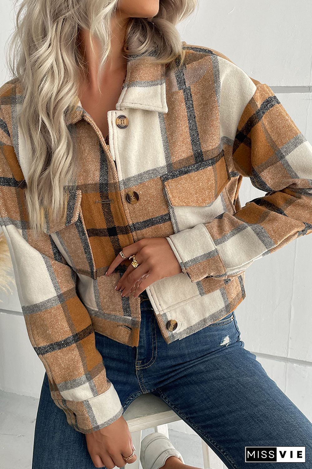 Button Up Short Plaid Jacket Coat