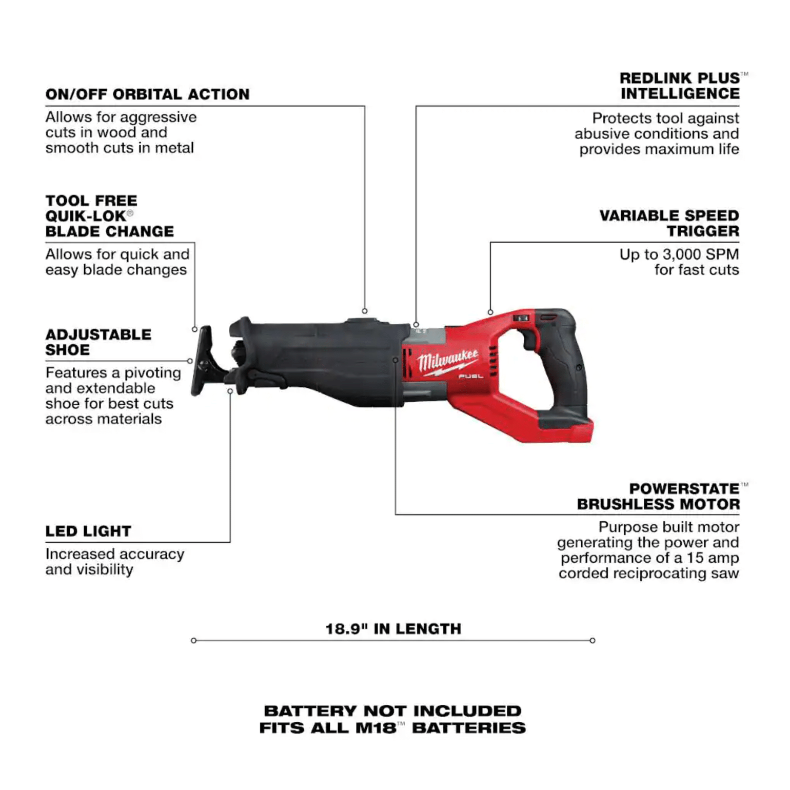 Milwaukee M18 Fuel 18-Volt Lithium-Ion Brushless Cordless Super Sawzall Orbital Reciprocating Saw， Tool-Only (2722-20)