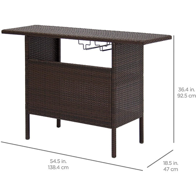 Rattan Wicker Outdoor Patio Bar Counter Table with 2-Row Goblet Holders & 2 Storage Shelves