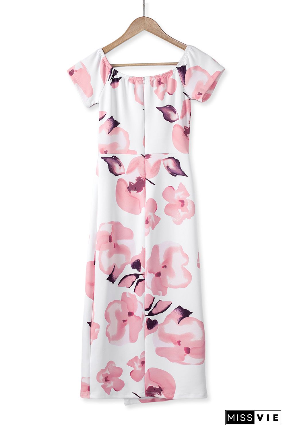 Pink Floral Print Off Shoulder Slit Bodycon Midi Dress