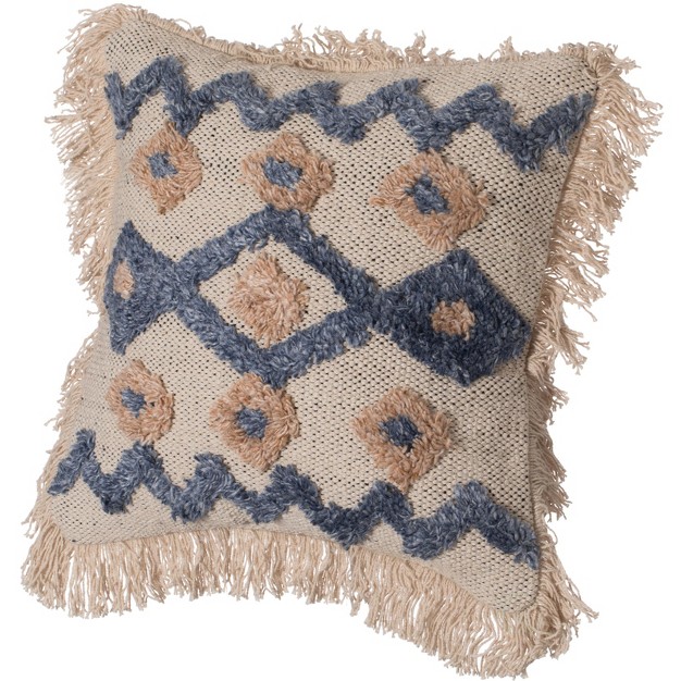 Handwoven Cotton amp Silk Throw Pillow Cover With Embossed Zig Zag Blue amp Beige