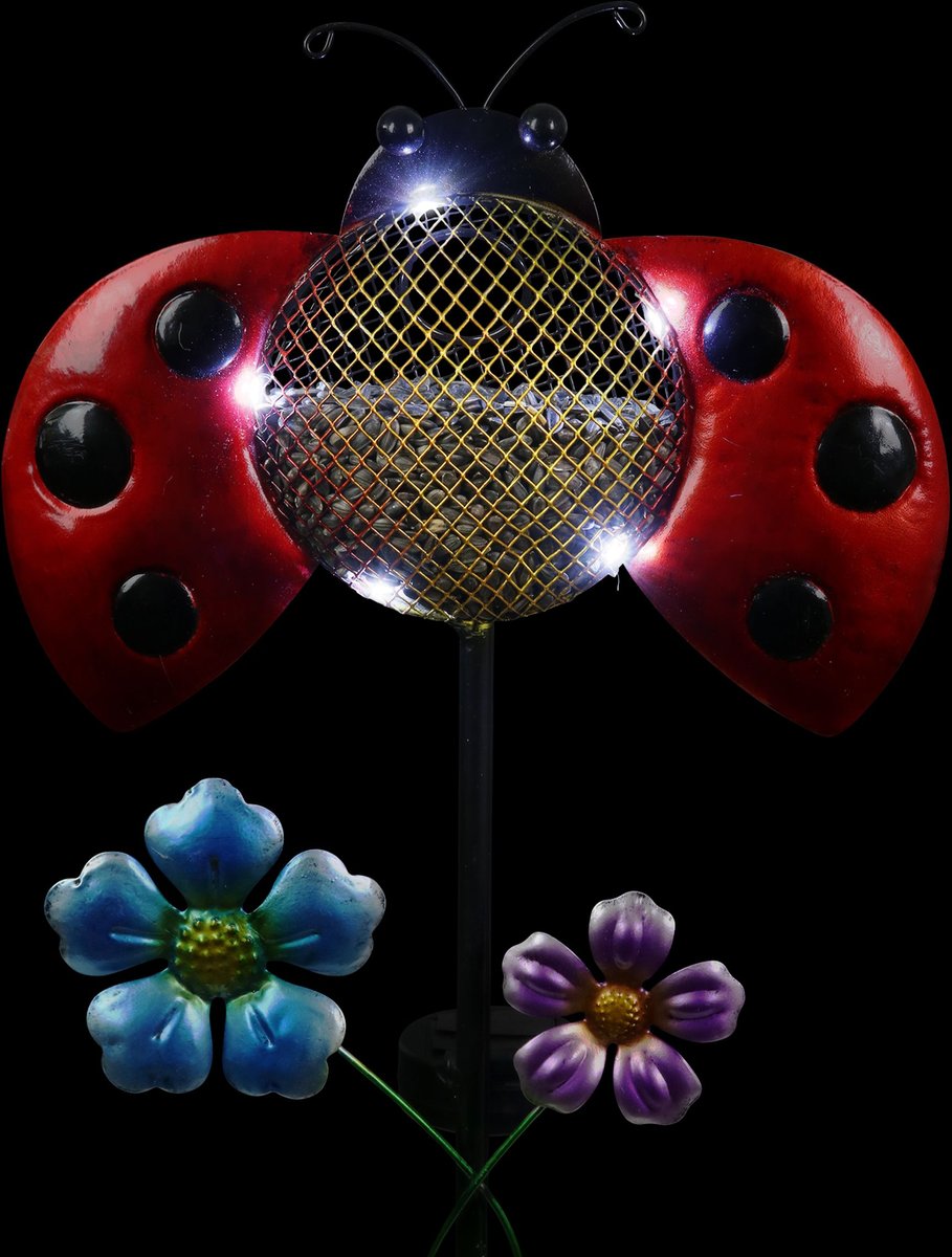 Exhart Solar Hand Painted Ladybug Metal Mesh Pellet Bird Feeder Garden Stake