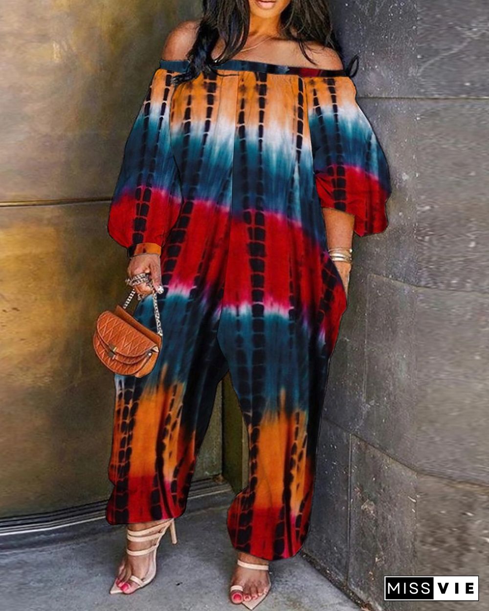 Off Shoulder Lantern Sleeve Tie Dye Print Jumpsuit