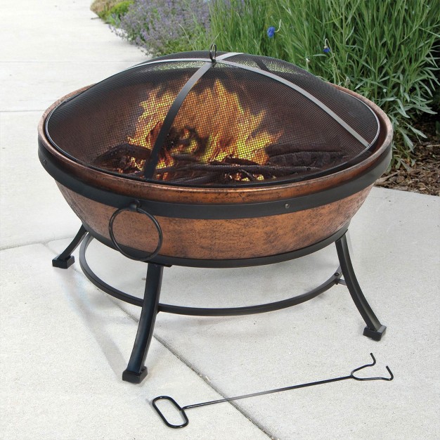 Deckmate 30371 Avondale Outdoor Patio Portable Steel Round Fire Bowl Fire Pit With Poker And Mesh Lid For Patios Porches Gardens And Decks Copper