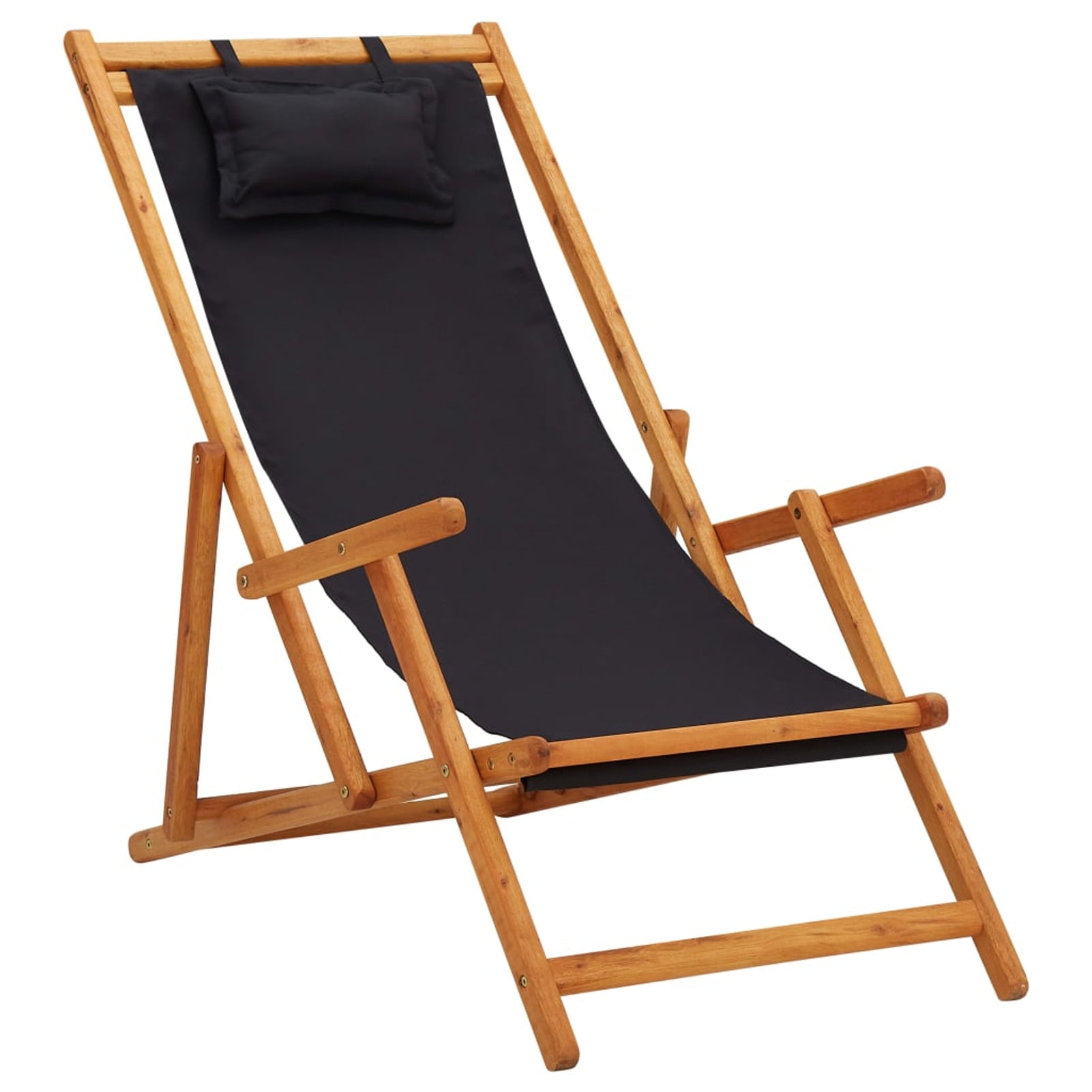 Tomshine Folding Beach Chair Solid Eucalyptus Wood and Fabric Black