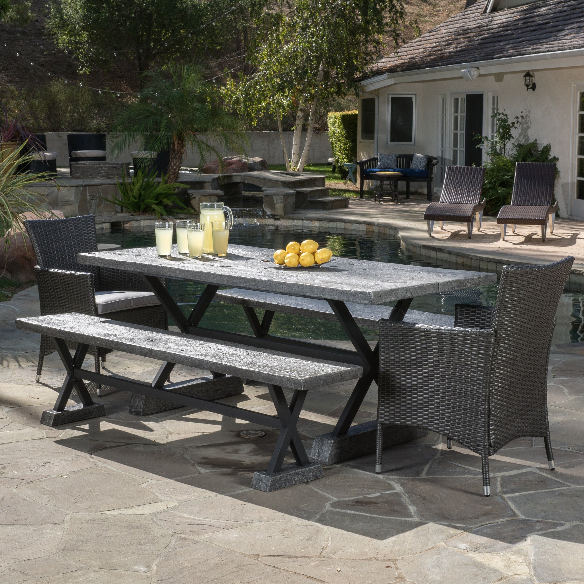 Snyder Outdoor 5 Piece Lightweight Concrete Dining Set with Benches