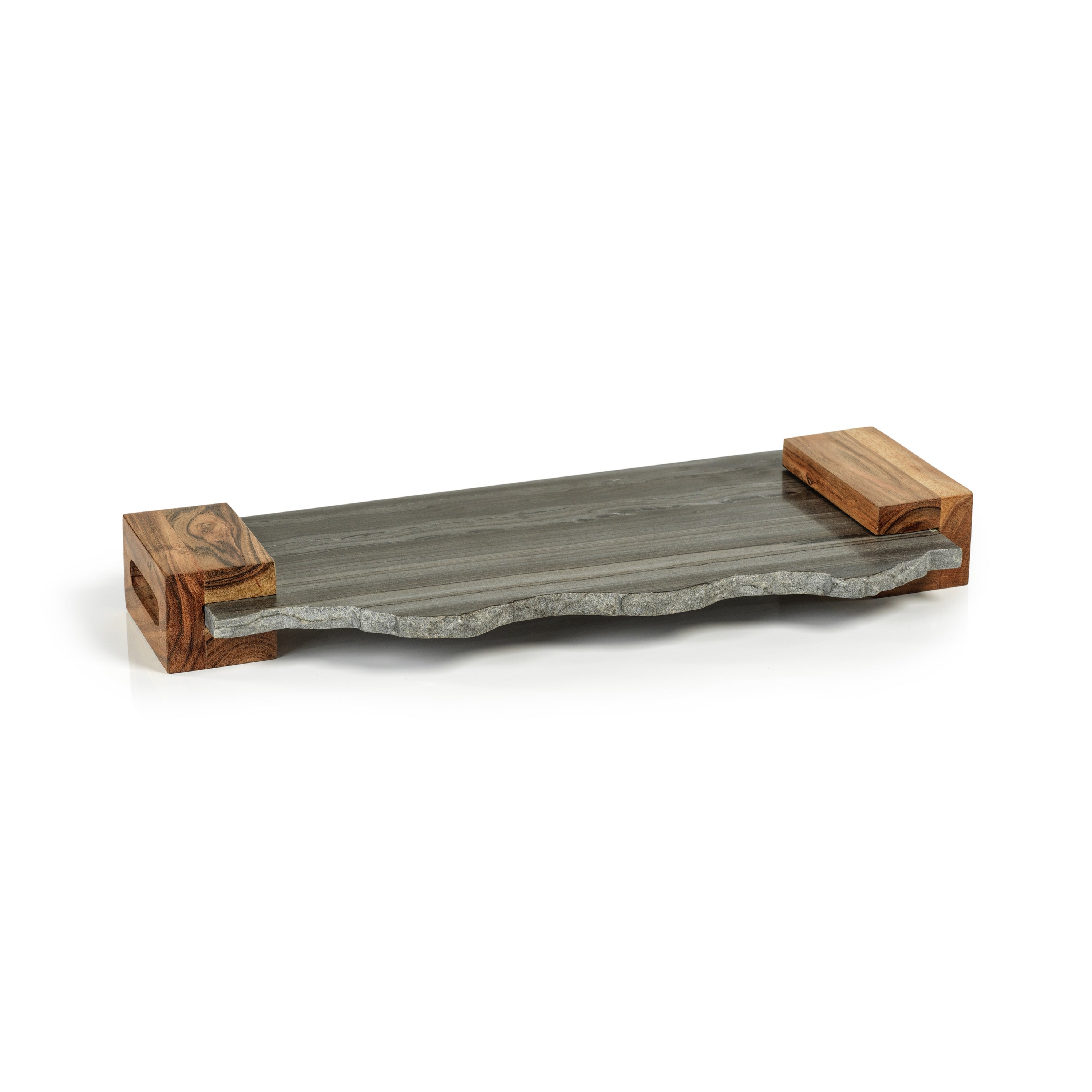 Catania Gray Marble Tray with Wood Handles